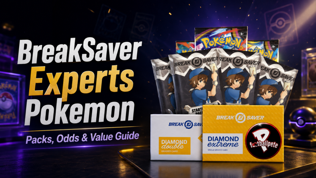 Create a professional blog featured image using the uploaded original BreakSaver Pokémon product photo as the main reference. Keep the product packaging, branding, colors, logo, printed text, proportions, and visible details exactly unchanged. Do not redesign, regenerate, distort, or replace the product. Remove the existing background cleanly and place the product in the center of a premium Pokémon trading-card collector environment. Use a dark black-to-navy gradient background with subtle gold and electric-blue lighting, soft particles, faint trading-card silhouettes, and a realistic tabletop reflection. Add a gentle rim light and natural shadow around the product so it looks sharp and professionally photographed. Leave balanced negative space around the product. Do not add unofficial Pokémon characters, fake cards, incorrect logos, extra products, watermarks, prices, or promotional claims. Keep the composition clean, trustworthy, and suitable for an expert product-review article. Add this headline on the left side in bold, modern typography: BreakSaver Experts Pokemon Add a smaller subtitle: Packs, Odds & Value Guide Create the final image in 1200 × 675 pixels, 16:9 landscape format, optimized as a high-quality website featured image. Ensure all headline text is correctly spelled, fully visible, and readable on mobile screens. Alt text: BreakSaver Experts Pokemon graded mystery pack featured image for packs, odds and value guide.