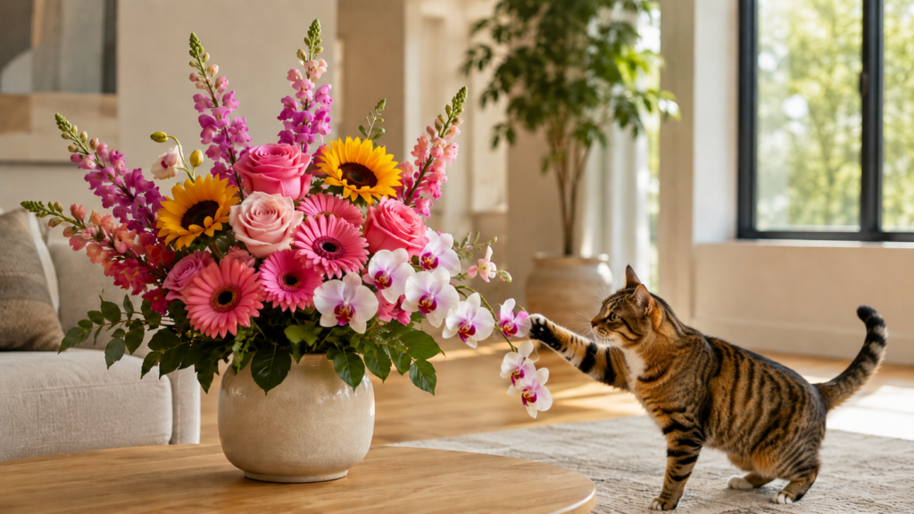 12 Cat Safe Flowers for Beautiful, Safer Bouquets cat safe flowers bouquet with roses, sunflowers, Gerbera daisies and orchids